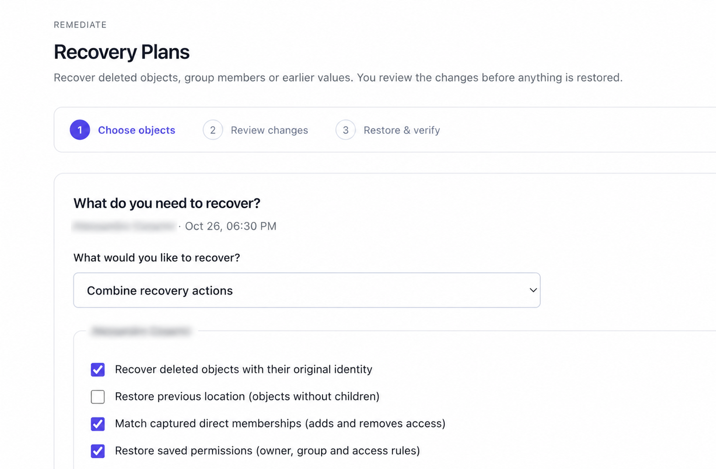 Backupta recovery plan with options selected to restore a deleted Active Directory object, its group memberships and saved permissions.