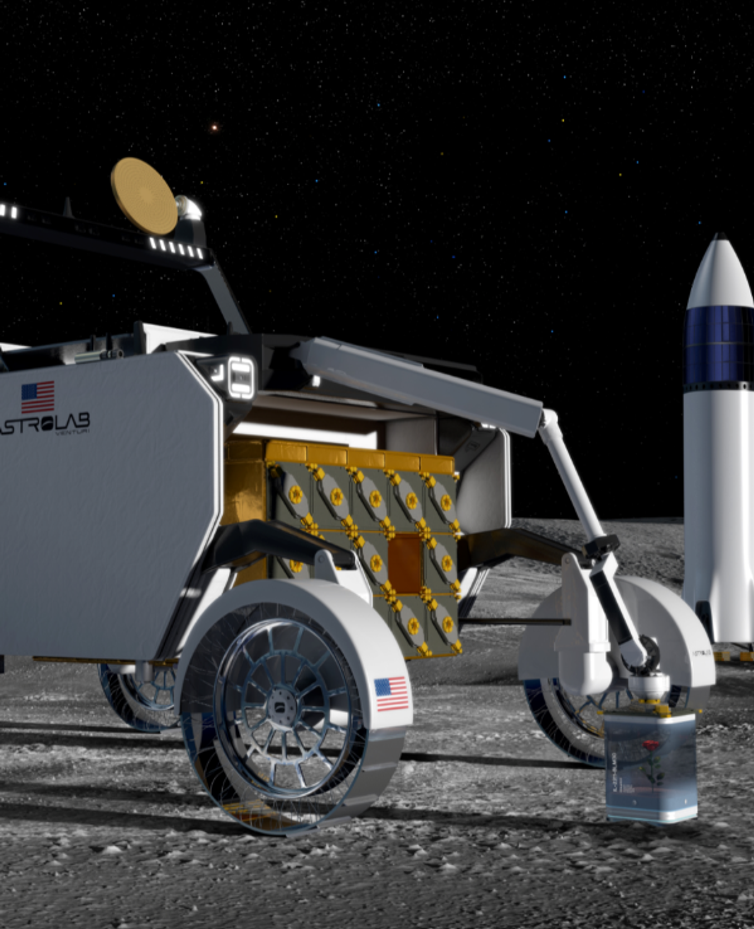 Astrolab's FLEX Rover installing Bloom on the Moon.