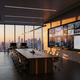 Modern media command center with wall of screens overlooking city skyline at golden hour