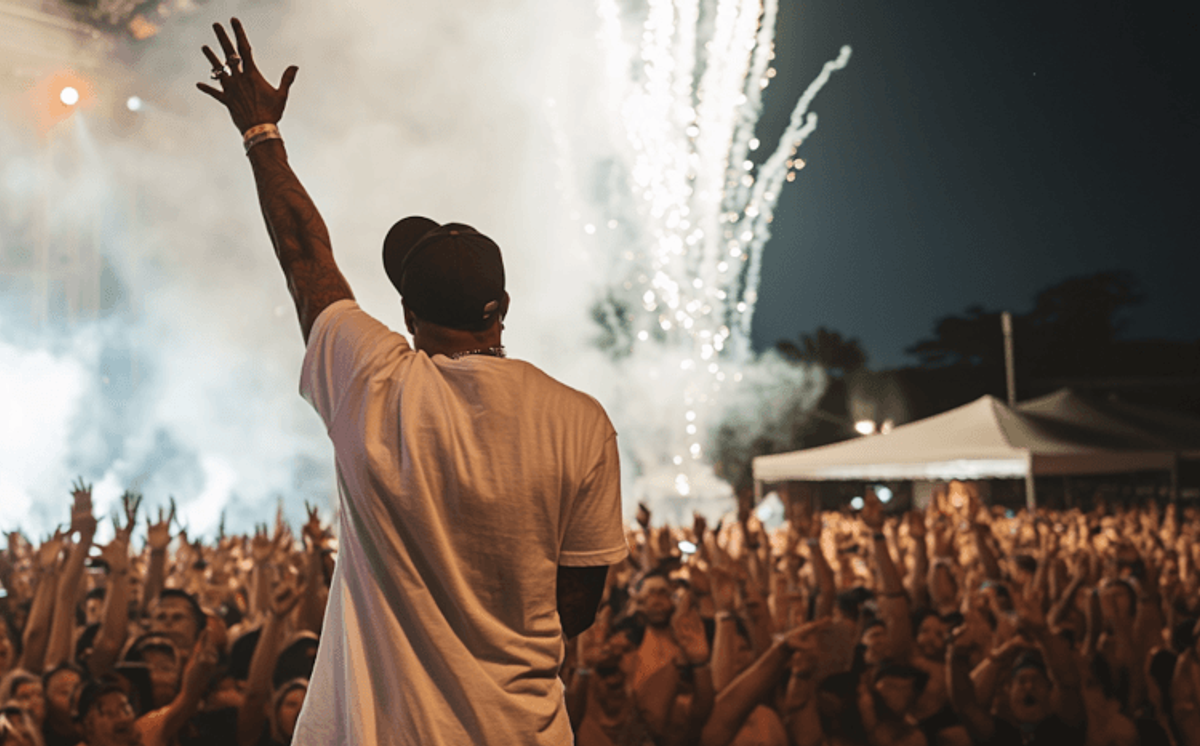 Performer on stage with cheering crowd and fireworks.
