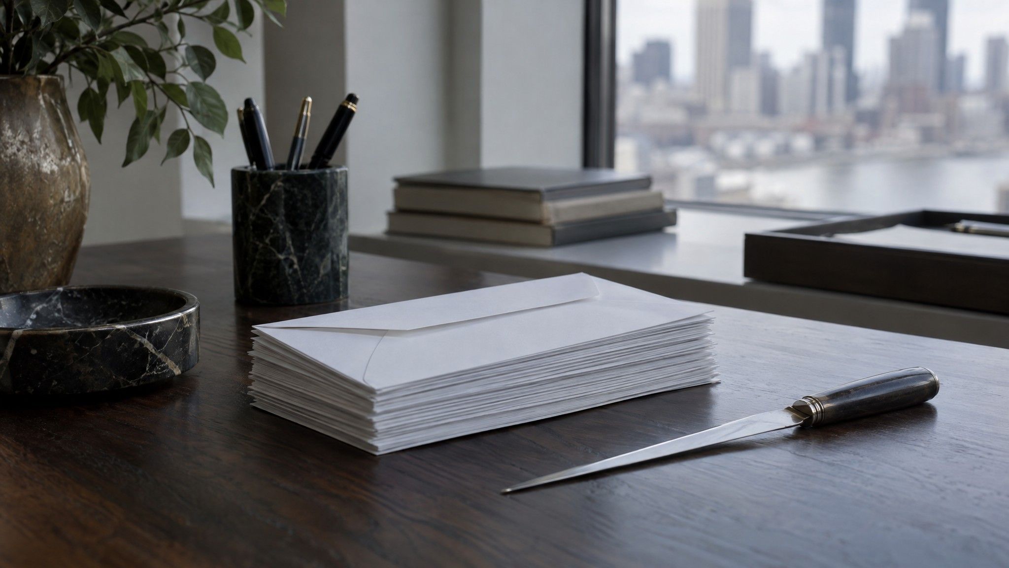 Stack of plain white envelopes and a letter opener on a desk