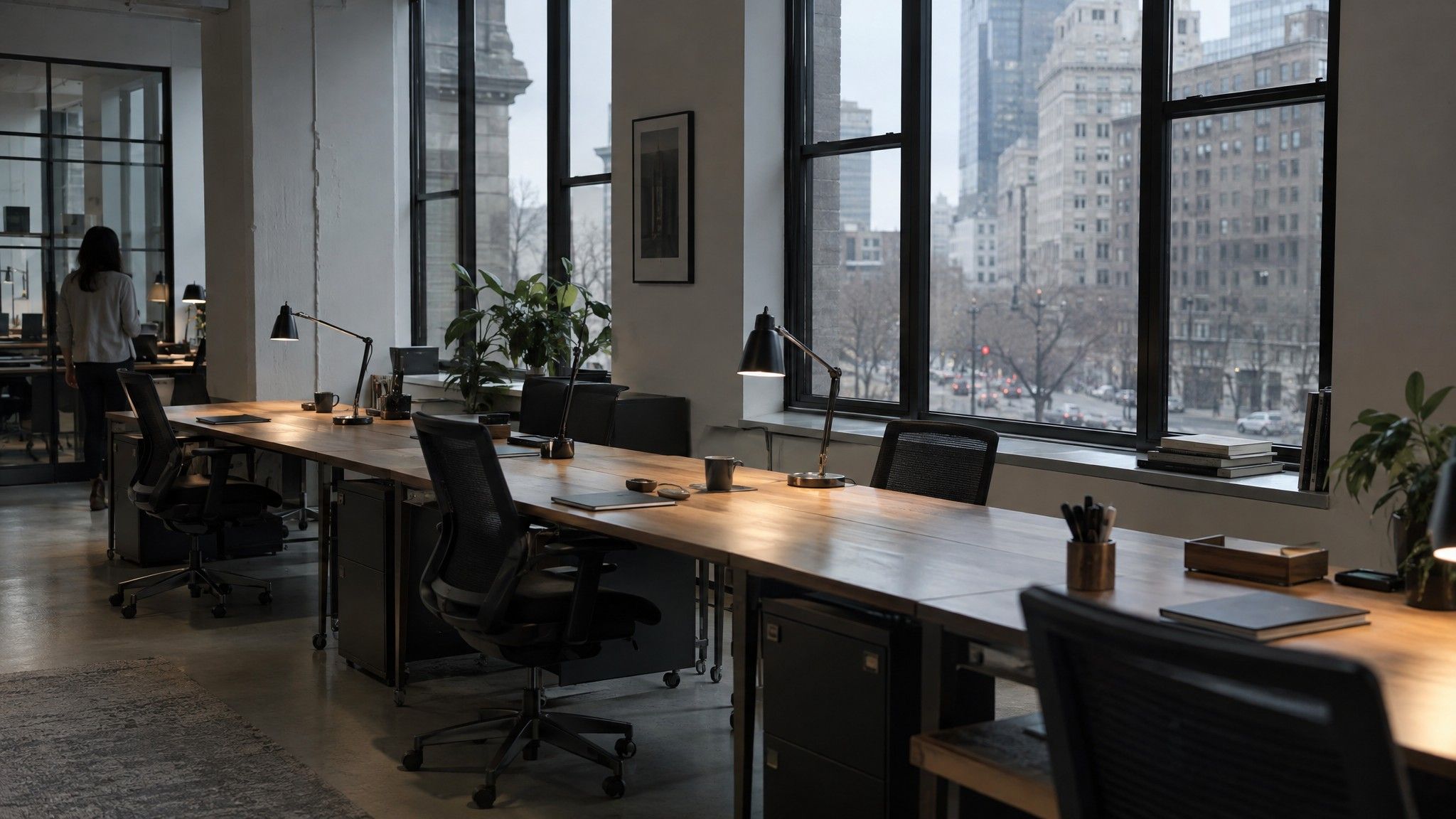 Quiet newsroom-style office with long desks before anyone arrives