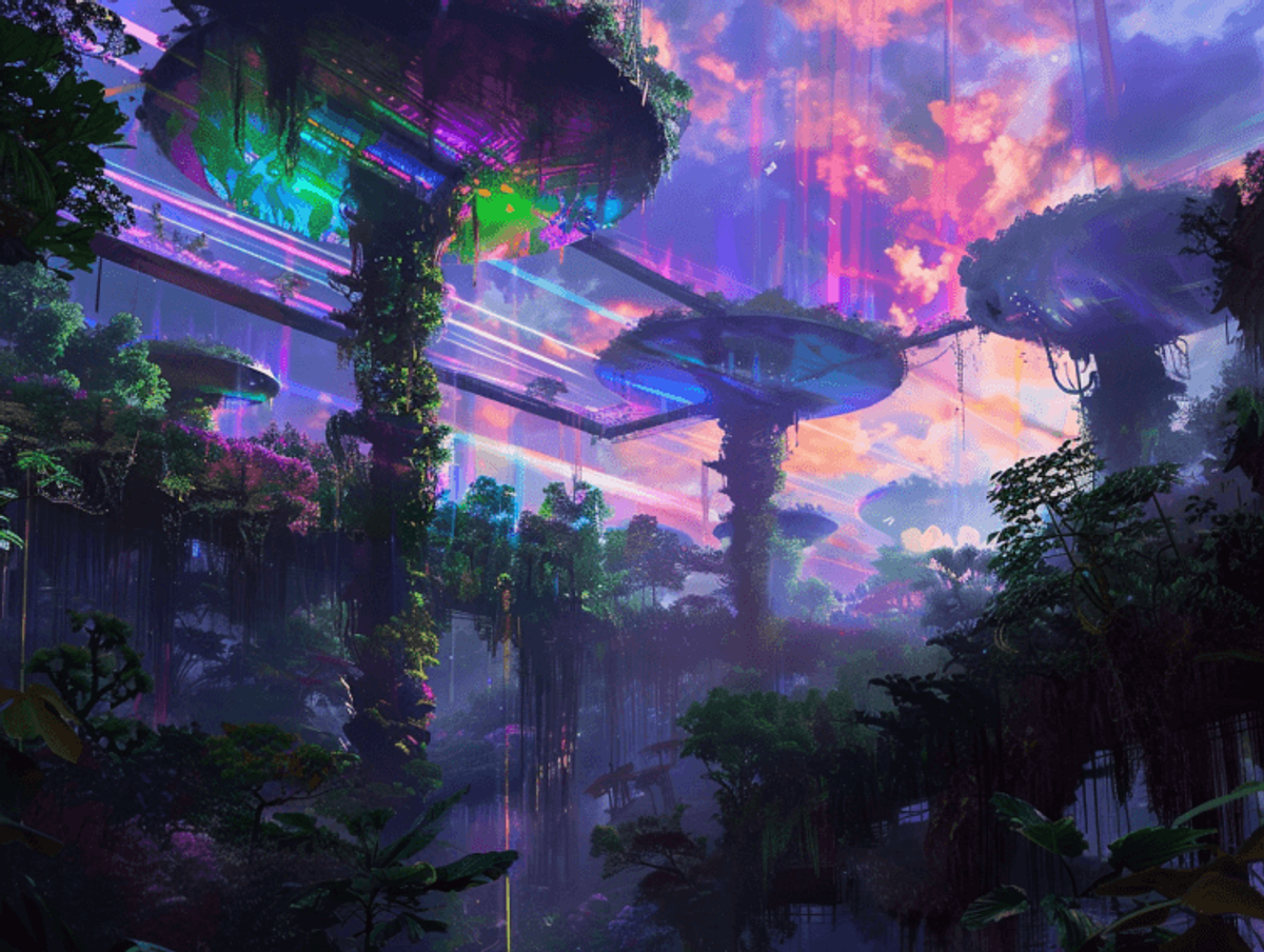 Futuristic forest with floating platforms and colorful sky.