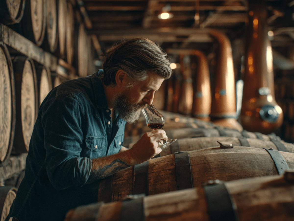 Man smelling whiskey in distillery barrel room.
