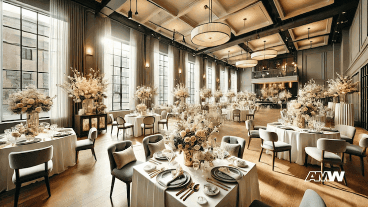 Elegant wedding reception with floral centerpieces.