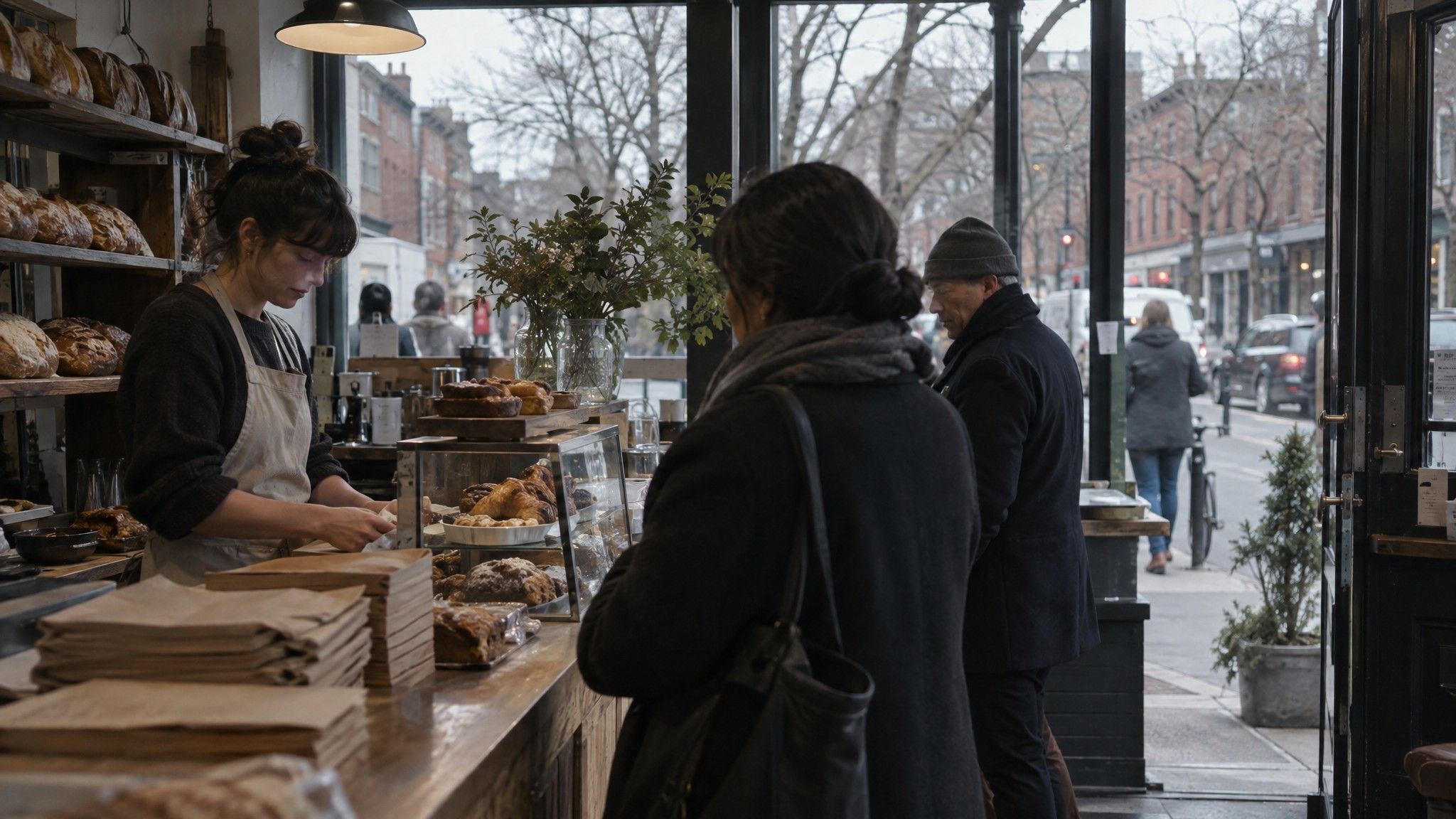 Neighborhood shop counter with folded paper bags and a street view
