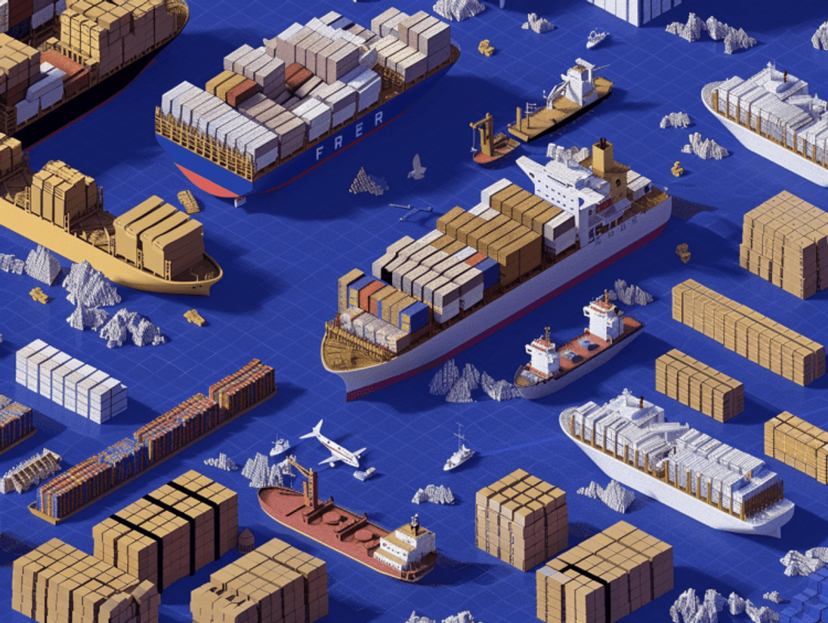 Pixelated cargo ships and containers in ocean.