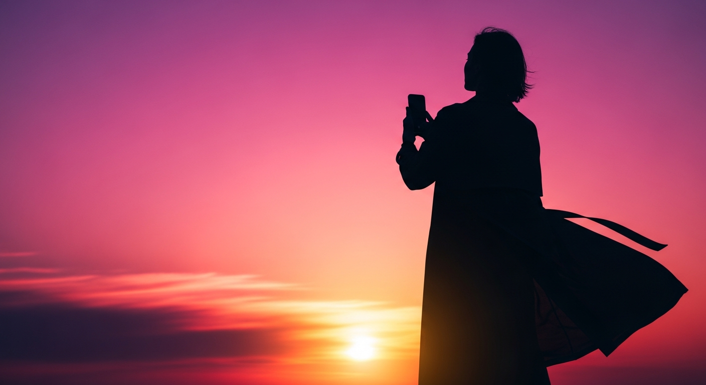 Silhouetted creator with smartphone against vivid sunset representing influencer marketing