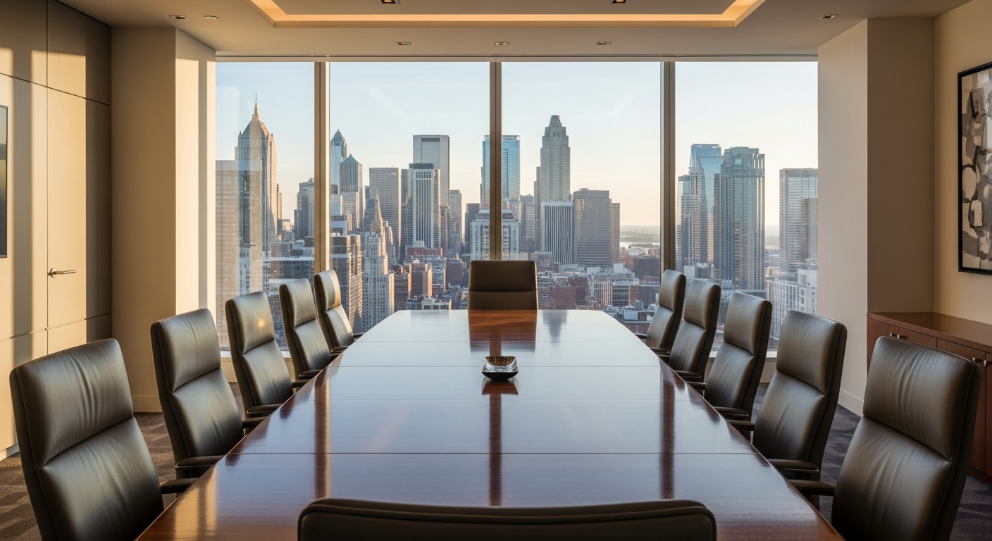 Modern corporate boardroom with city skyline view — best B2B PR agencies
