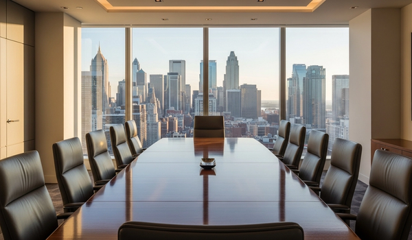 Modern corporate boardroom with city skyline view — best B2B PR agencies