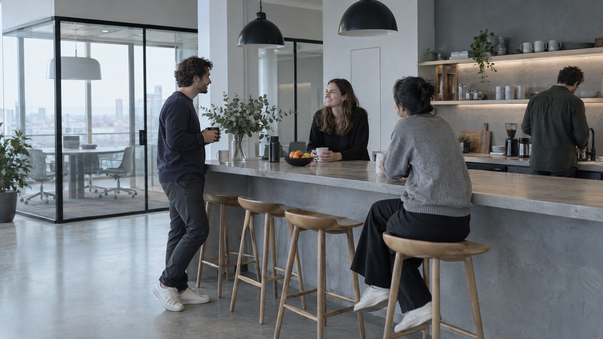 Shared office kitchen with a long island and a meeting pod beyond