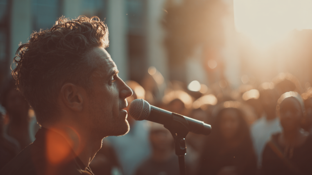 Man singing passionately into a microphone outdoors.