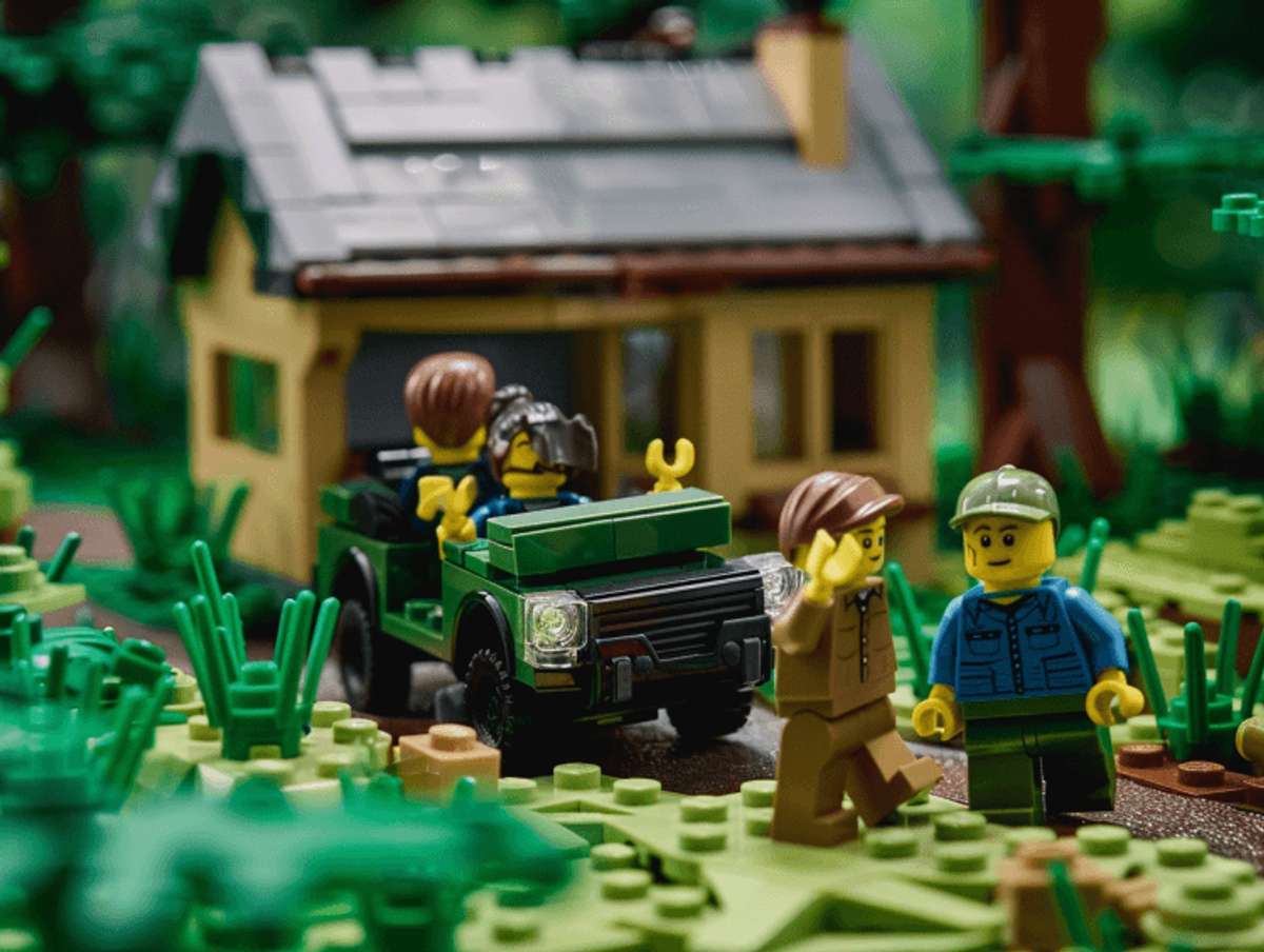 Lego figures by house and car in forest scene.