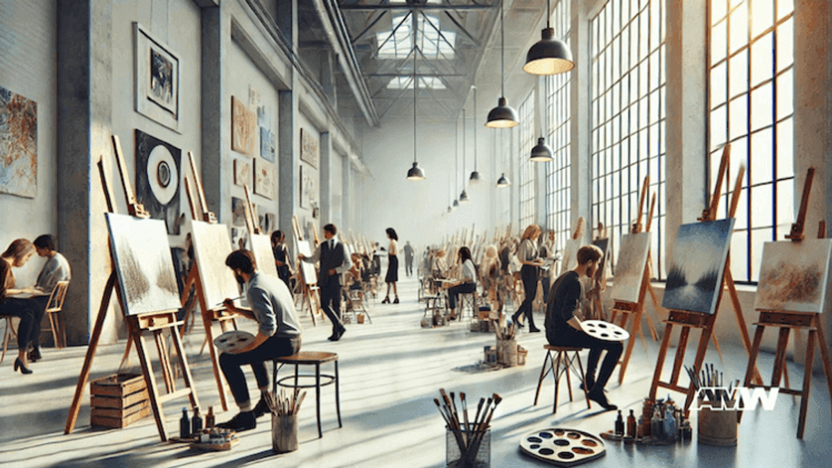 Artists painting in a sunlit studio.