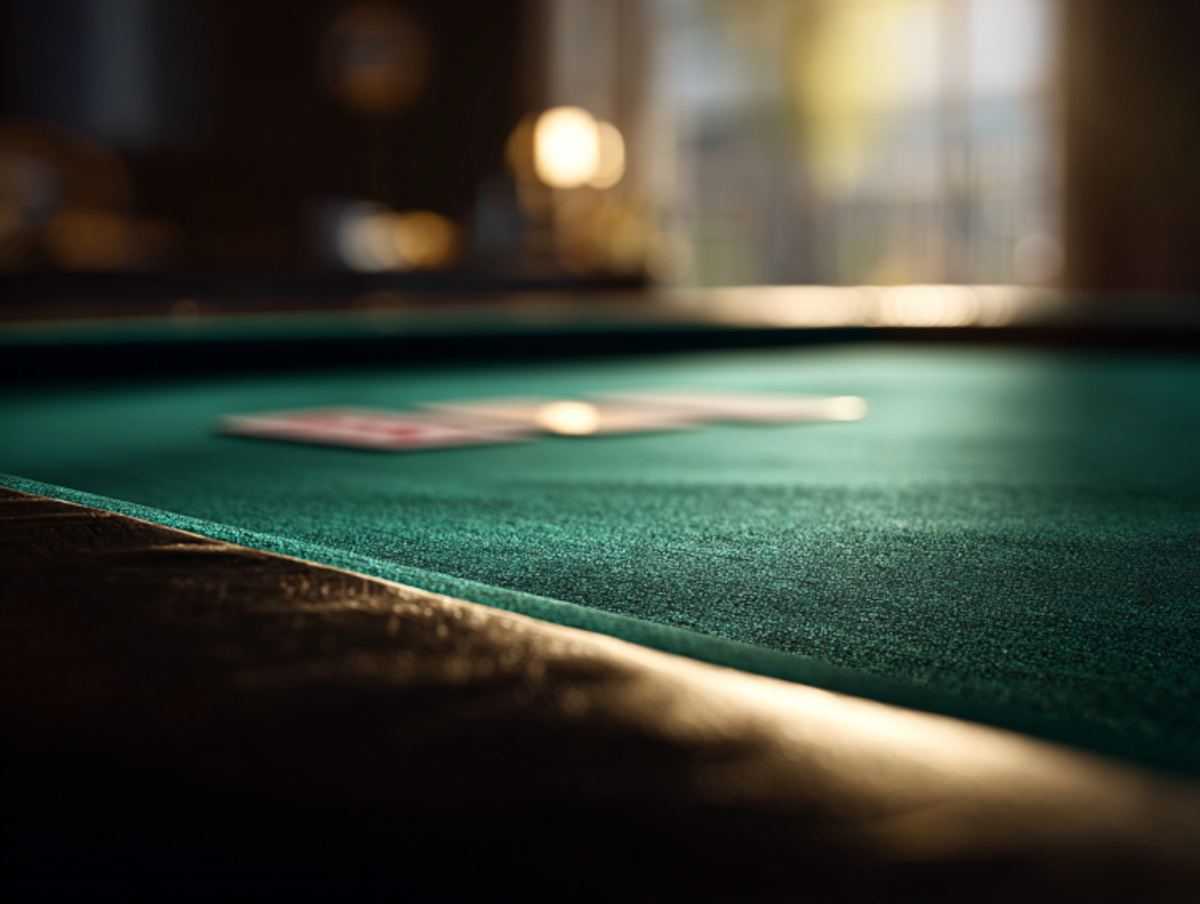 Close-up of green felt pool table with blurry cards.