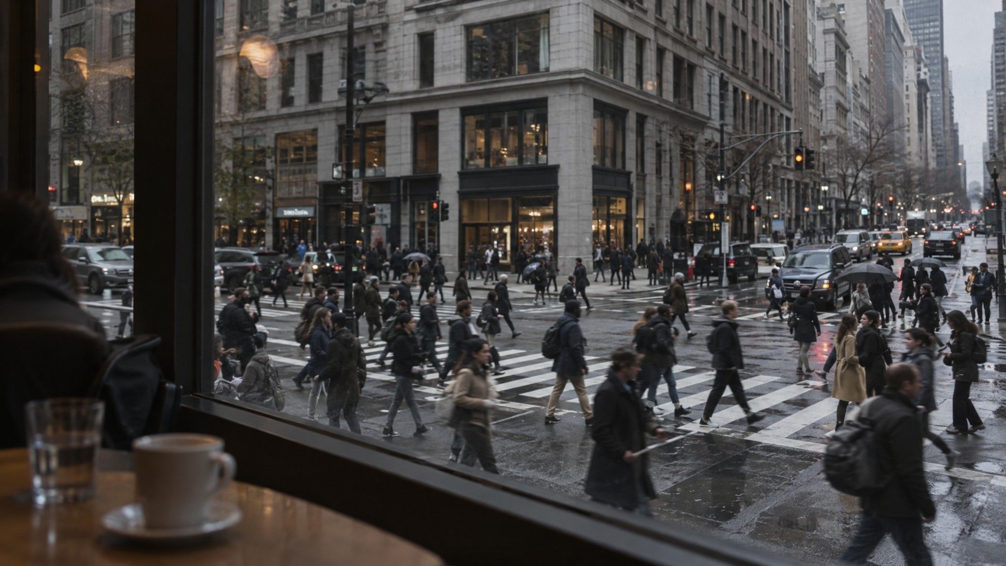City crosswalk with commuters seen from a café window on a grey morning