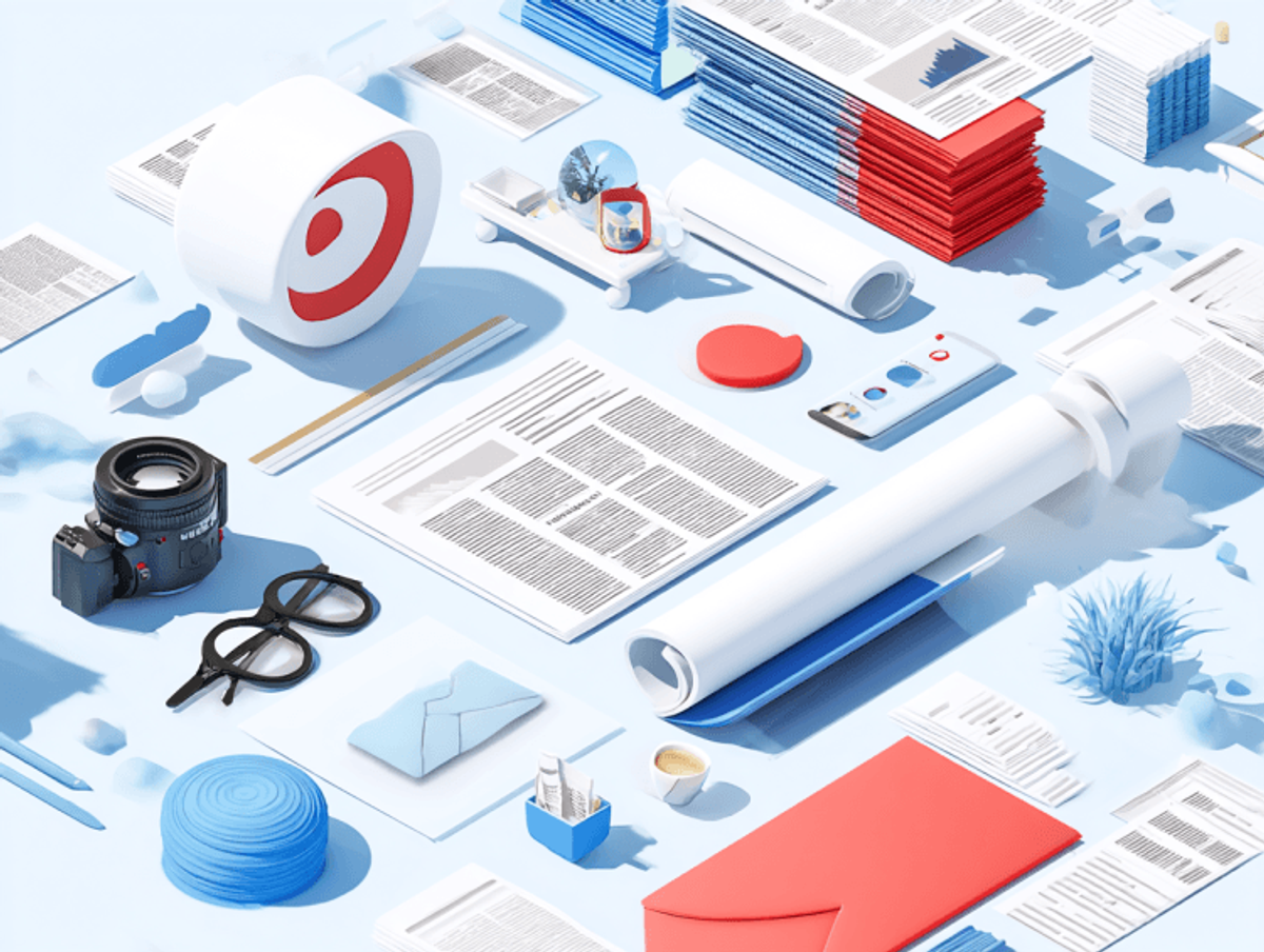 Creative office supplies arrangement on white background.