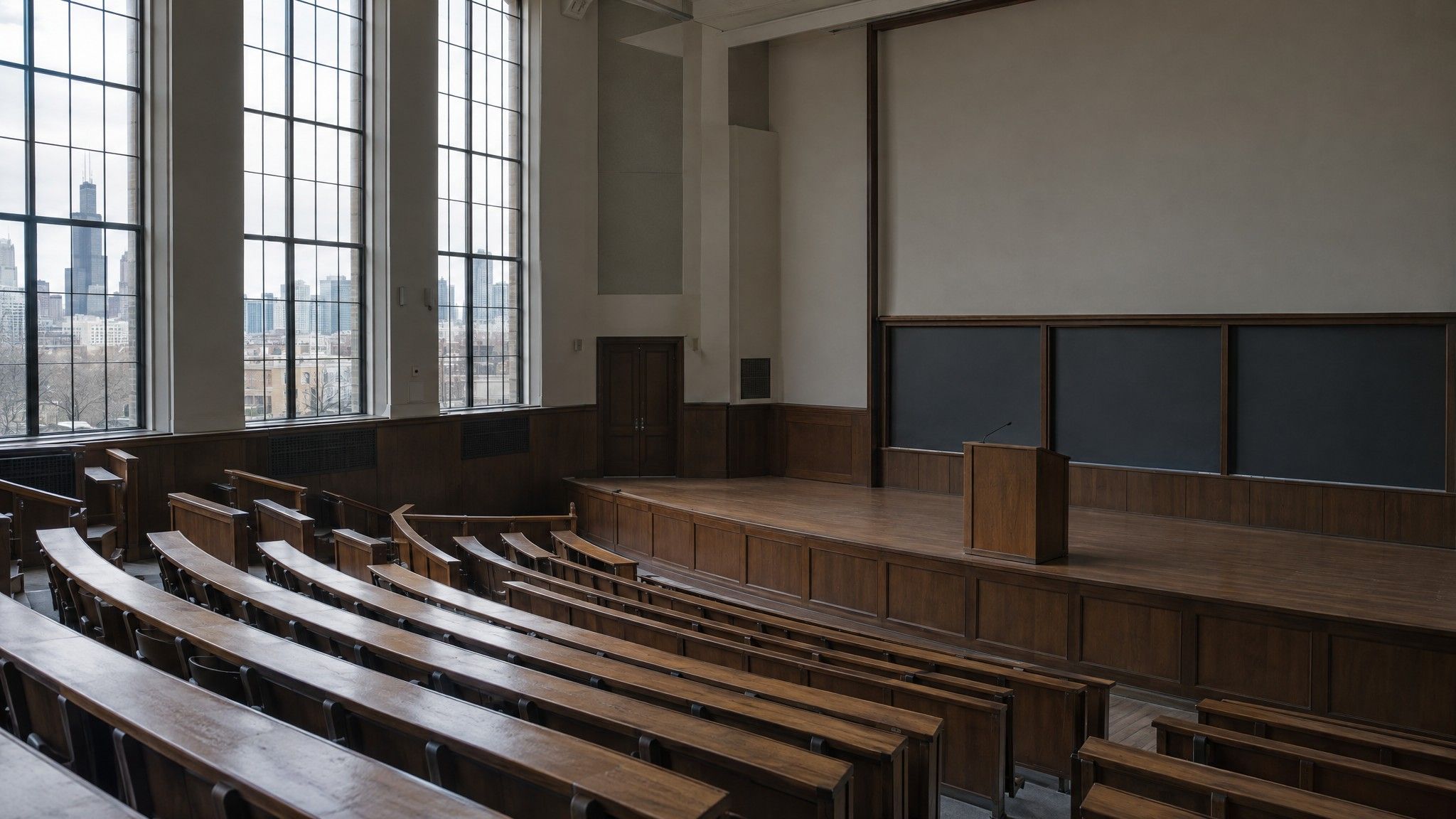 Empty tiered lecture hall with a bare stage and lectern