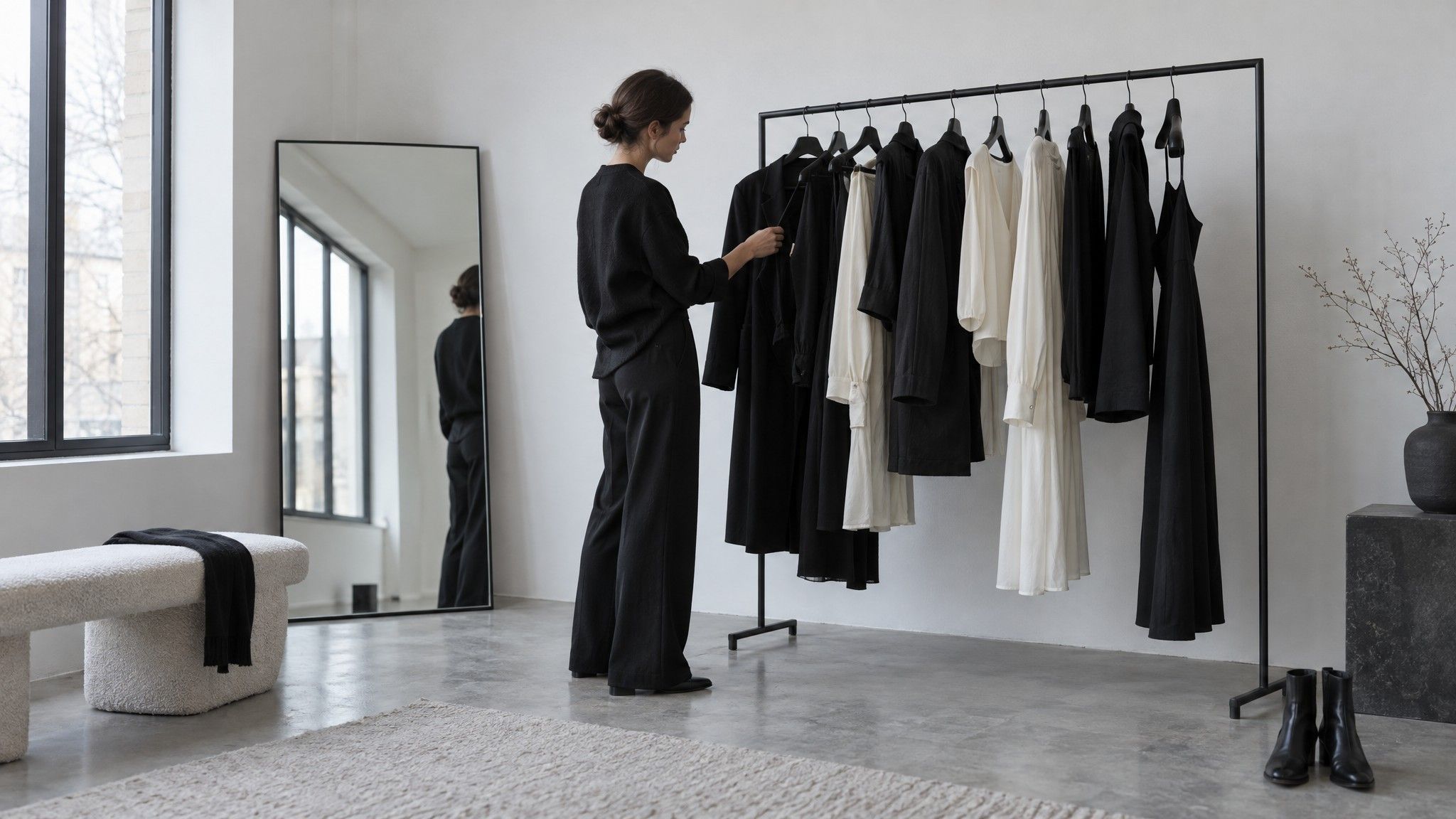 Fashion showroom with a rail of black and ivory garments and a mirror