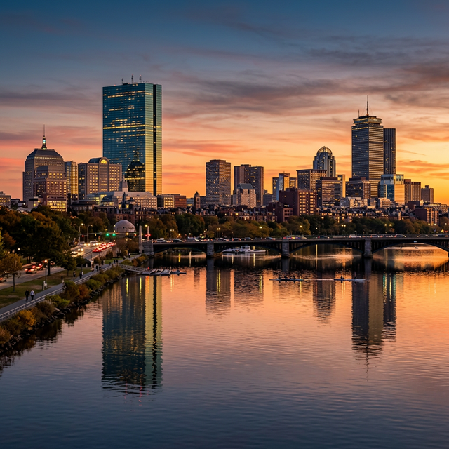 Boston Massachusetts skyline at dusk reflecting in Charles River