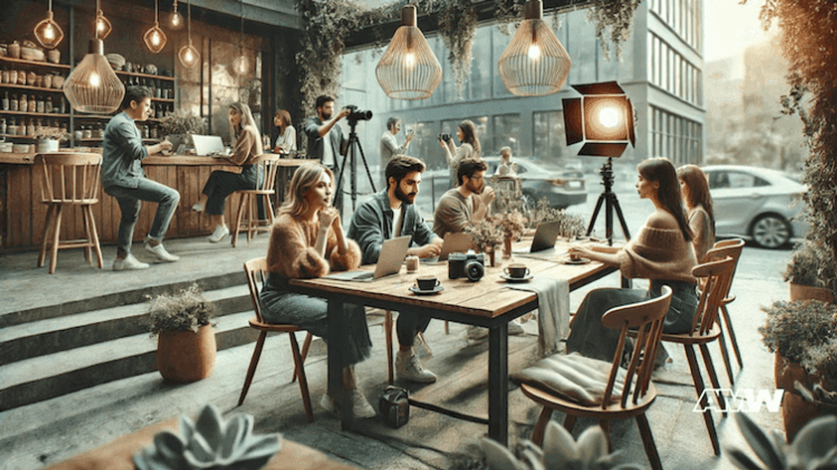 People in a cozy cafe working on laptops