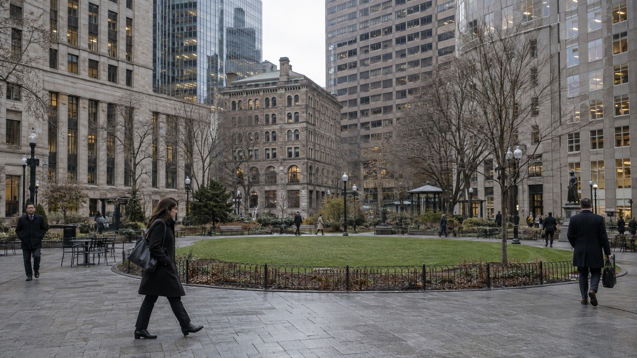 Boston park surrounded by granite and glass office towers, overcast