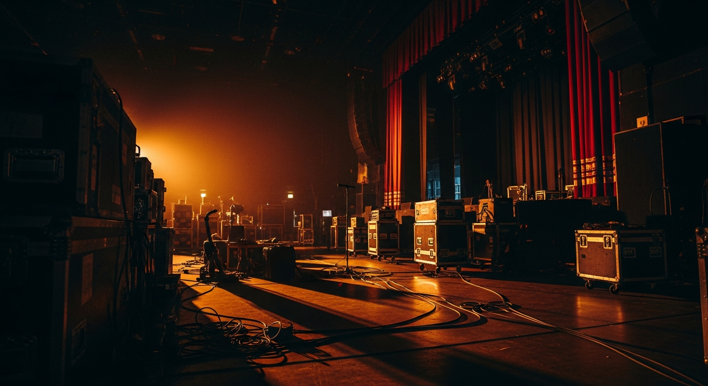 Concert venue backstage area with warm amber lighting and equipment cases