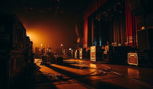 Concert venue backstage area with warm amber lighting and equipment cases