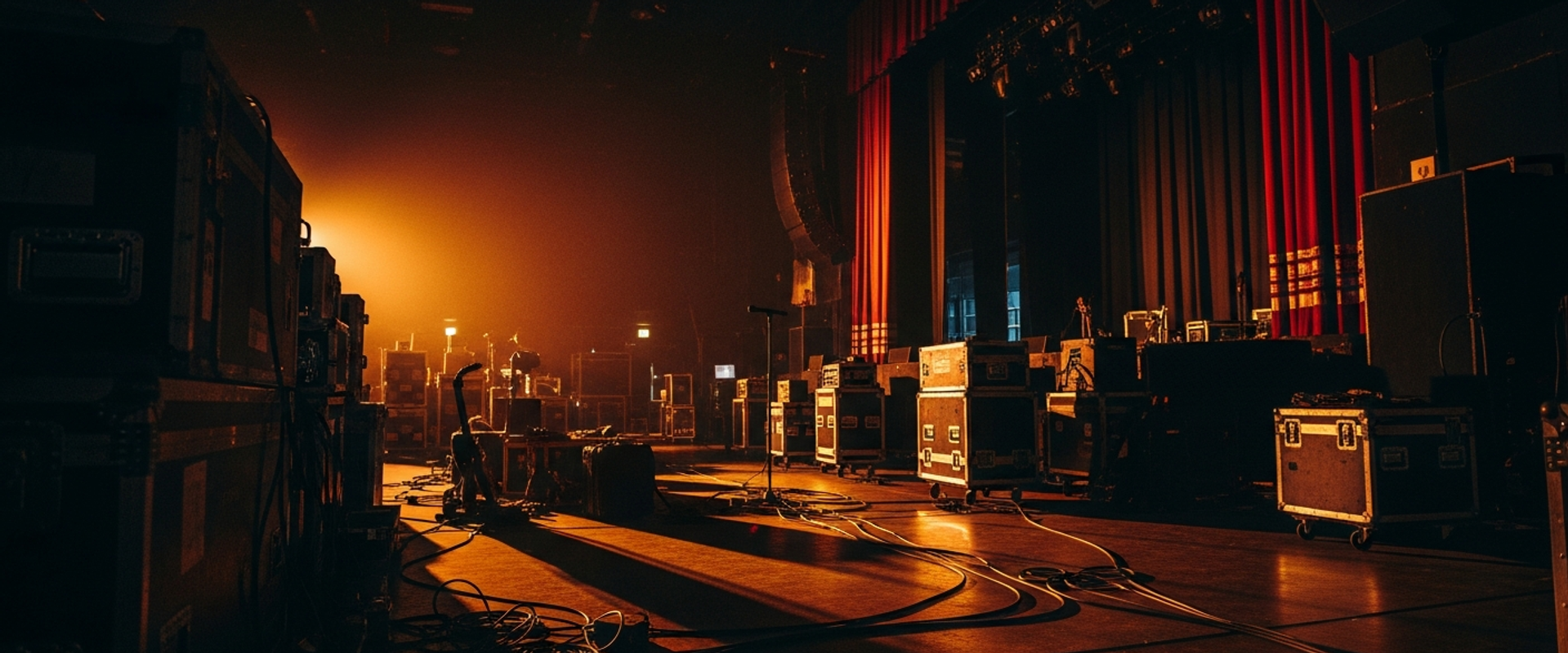 Concert venue backstage area with warm amber lighting and equipment cases