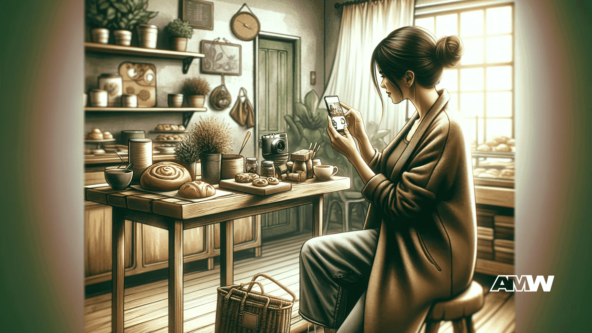 Illustration of a small bakery owner sitting beside a workbench of pastries and pottery, photographing them with her phone