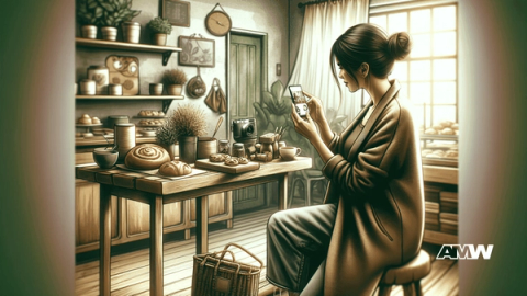 Illustration of a small bakery owner sitting beside a workbench of pastries and pottery, photographing them with her phone