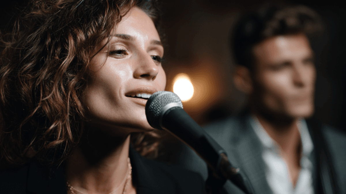 Woman singing into microphone, man in background.