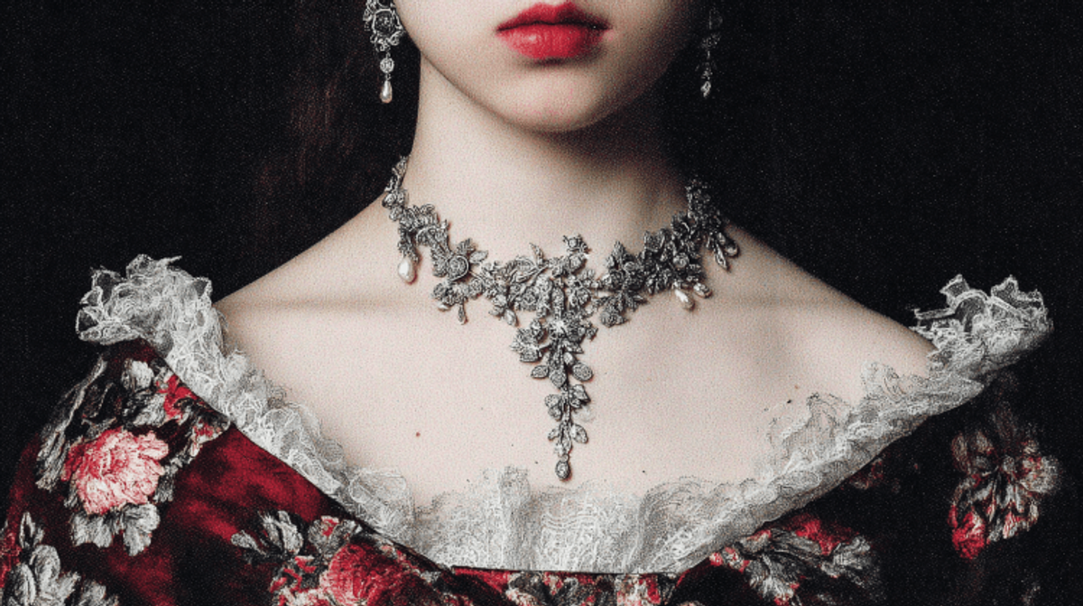 Ornate silver necklace and earrings on woman in dress