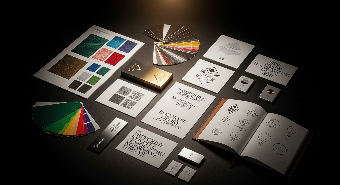 Brand identity system with mood boards and typography on dark surface — choosing between independent strategist and full-service branding agency