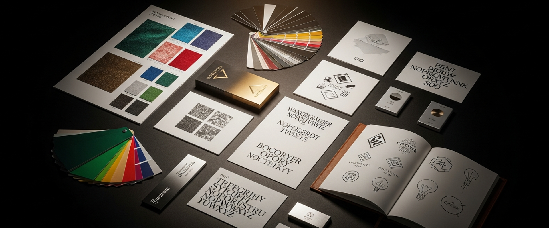 Brand identity system with mood boards and typography on dark surface — choosing between independent strategist and full-service branding agency