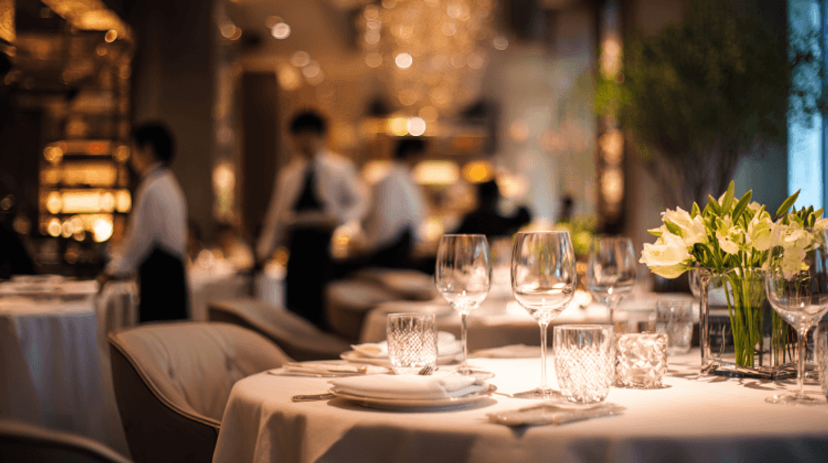 Elegant restaurant table setting with flowers and candles.
