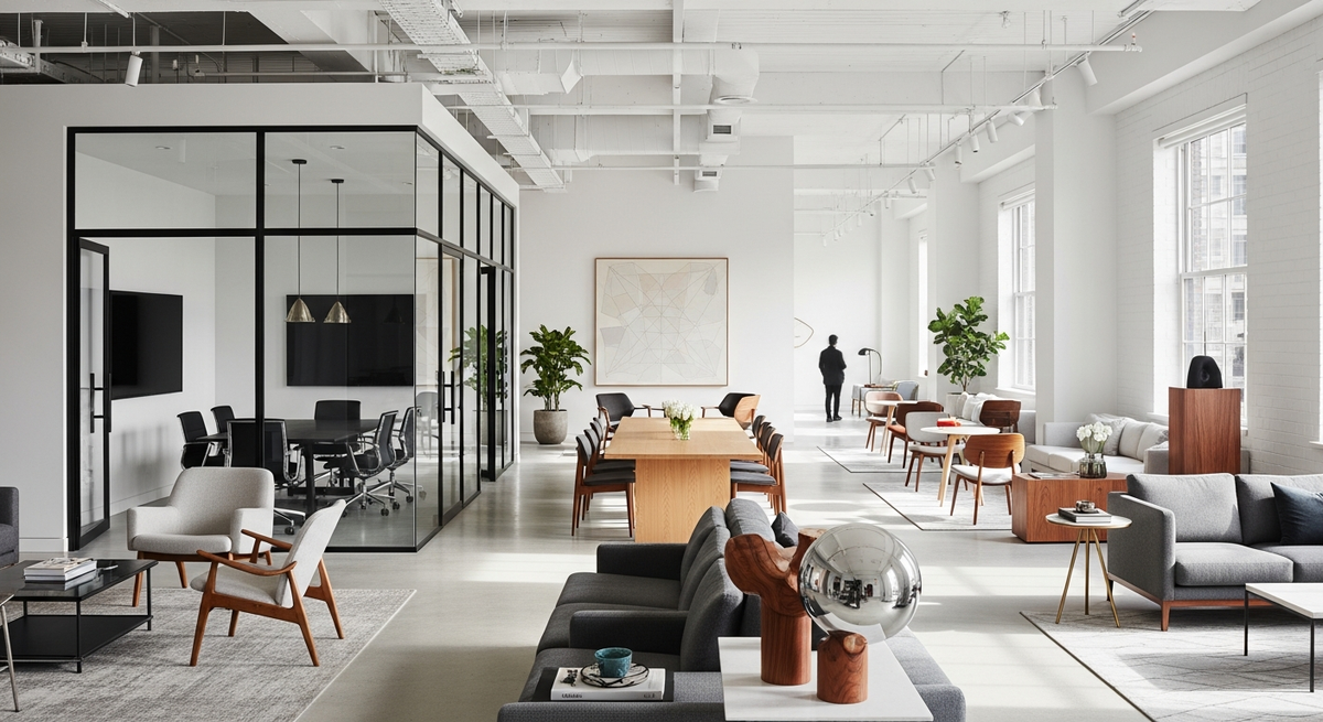 Modern PR agency office with glass meeting rooms and sophisticated interior design