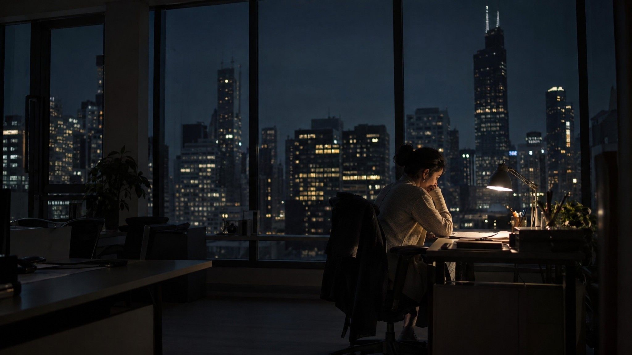 Dark office at night with one desk lamp on in a corner