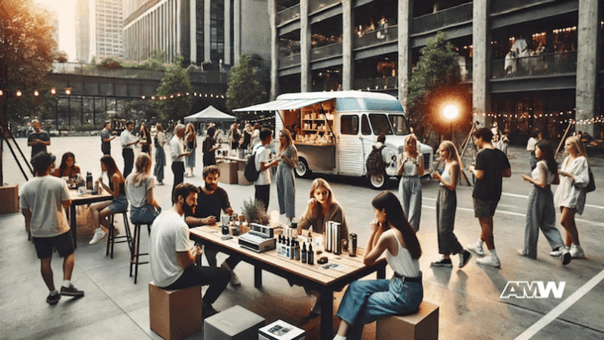 Outdoor market with people and food truck
