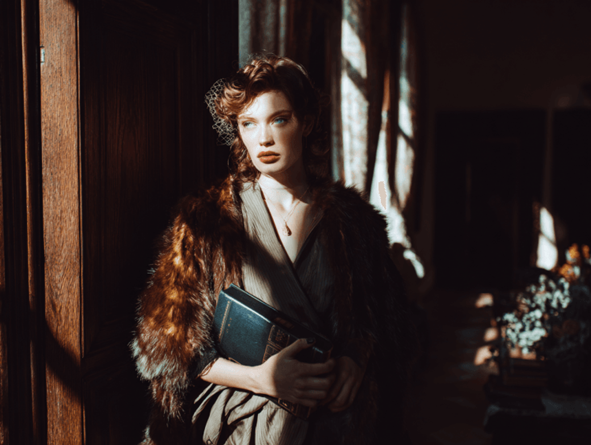 Vintage woman in fur coat holding a book.
