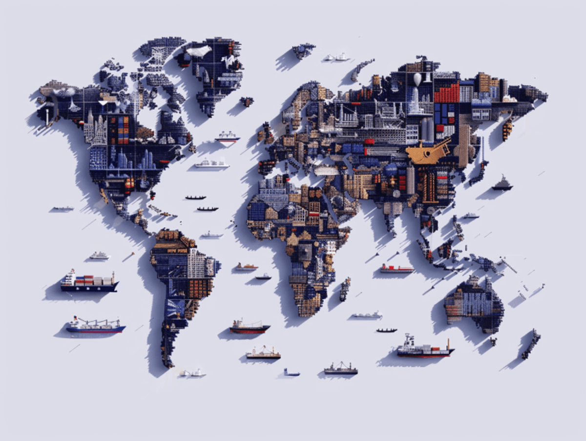 World map made of buildings and ships.