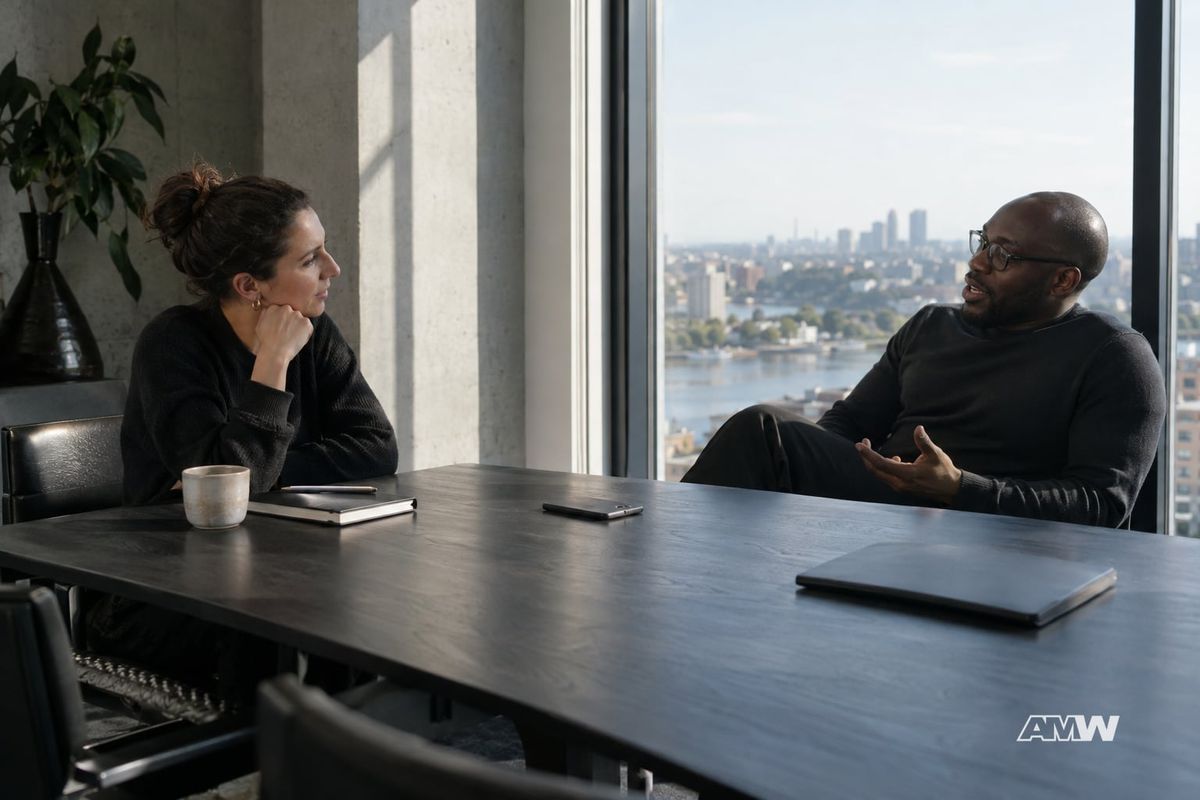 Two colleagues having a discussion in a meeting room with a city view through a large window.