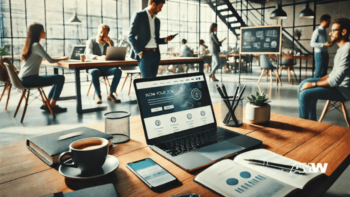 Modern office with people working and laptops.