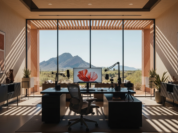 Desert-contemporary content marketing office with Phoenix mountain views