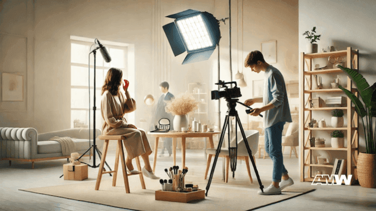 Professional makeup filming session with lighting equipment