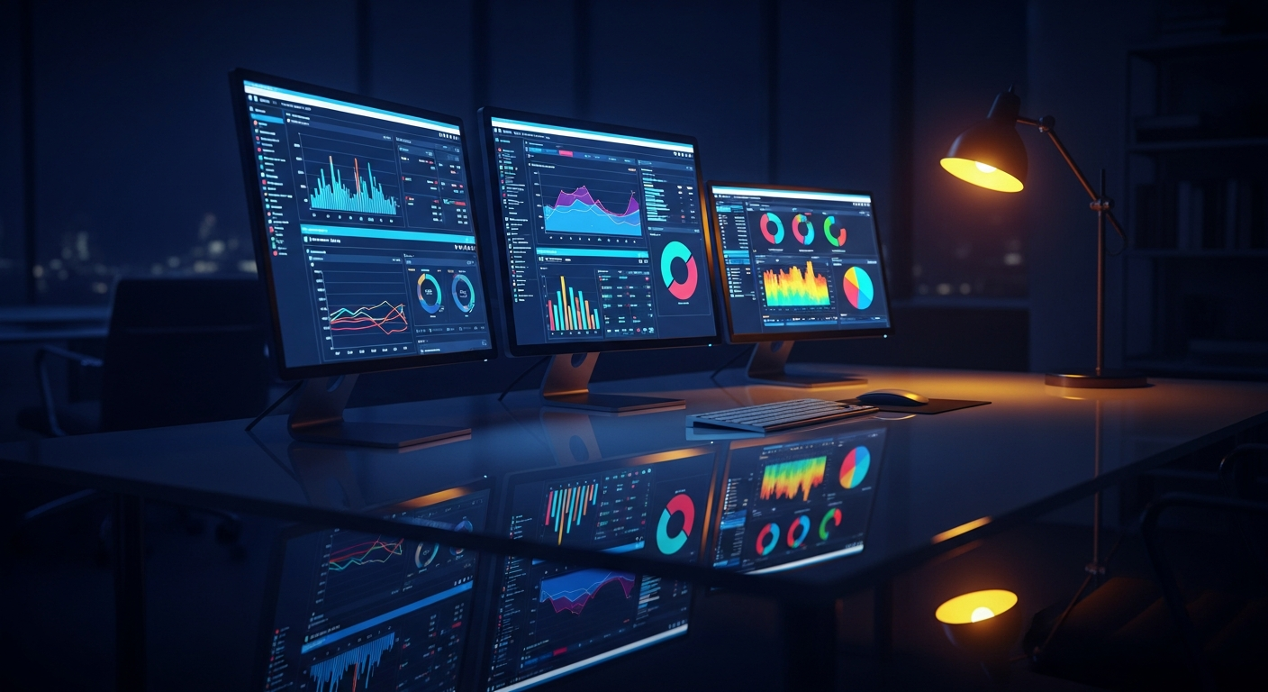 Advertising analytics dashboards on multiple screens in dark executive office — comparing agency and in-house media buying approaches