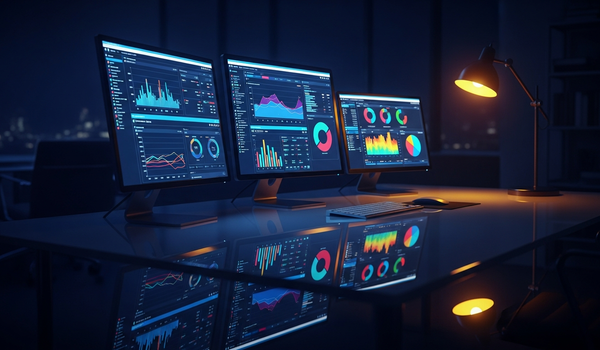 Advertising analytics dashboards on multiple screens in dark executive office — comparing agency and in-house media buying approaches