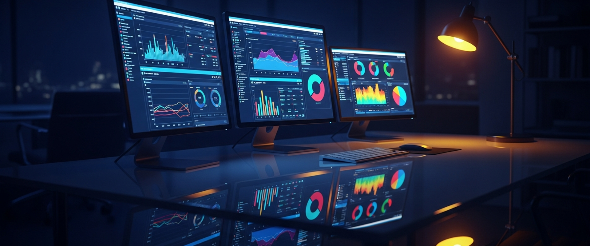 Advertising analytics dashboards on multiple screens in dark executive office — comparing agency and in-house media buying approaches