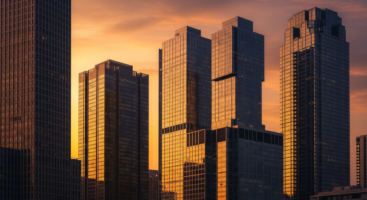 Editorial city skyline at golden hour