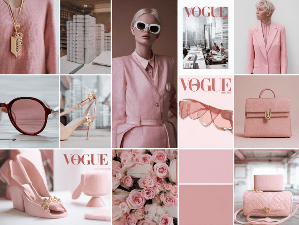 Fashion collage with pink outfits and accessories.